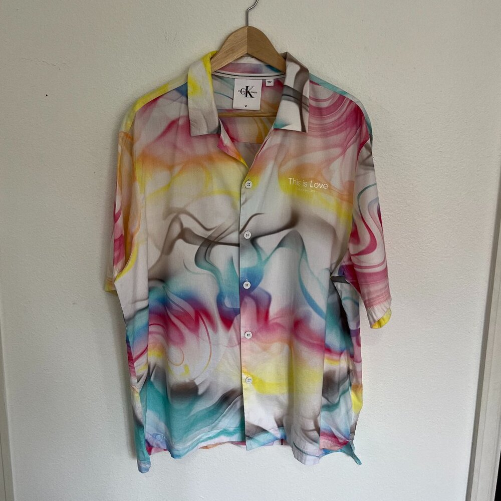 Calvin Klein | This Is Love Pride Rainbow Short Sleeve Button Shirt, size XL
